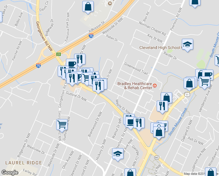 map of restaurants, bars, coffee shops, grocery stores, and more near 2703 Parkwood Trail NW in Cleveland