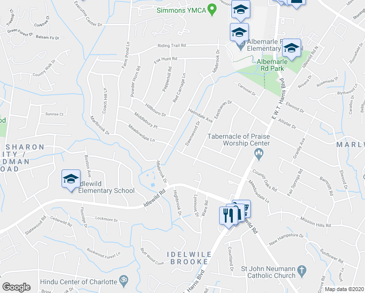 map of restaurants, bars, coffee shops, grocery stores, and more near 4413 Dawnwood Drive in Charlotte