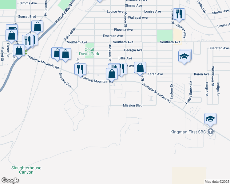 map of restaurants, bars, coffee shops, grocery stores, and more near 218 Jackson Street in Kingman