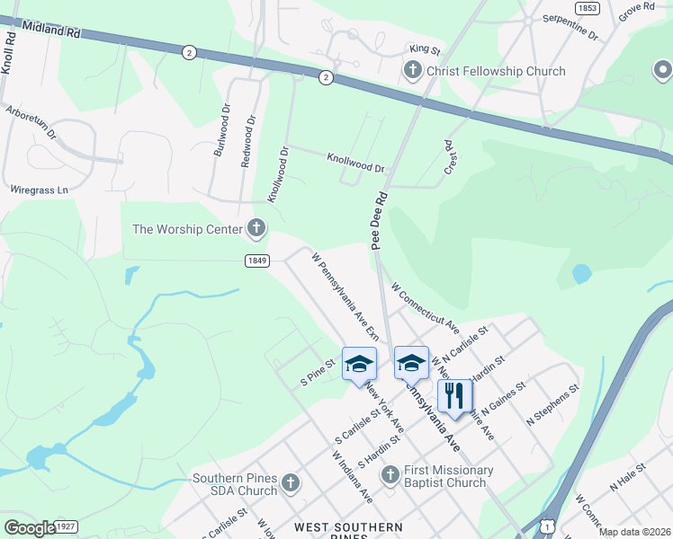 map of restaurants, bars, coffee shops, grocery stores, and more near 1580 West Pennsylvania Avenue in Southern Pines