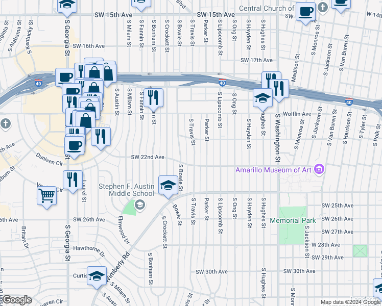map of restaurants, bars, coffee shops, grocery stores, and more near 2108 South Travis Street in Amarillo