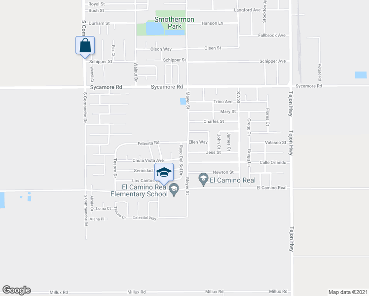 map of restaurants, bars, coffee shops, grocery stores, and more near 2104 Rayo Del Sol Drive in Arvin