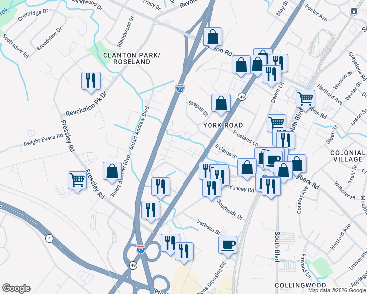map of restaurants, bars, coffee shops, grocery stores, and more near 442 Peterson Drive in Charlotte
