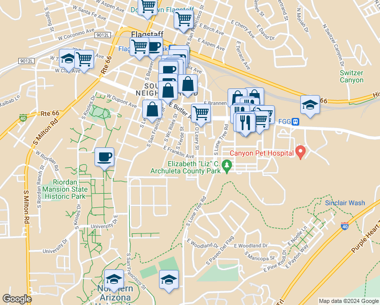 map of restaurants, bars, coffee shops, grocery stores, and more near 538 South Fountaine Street in Flagstaff