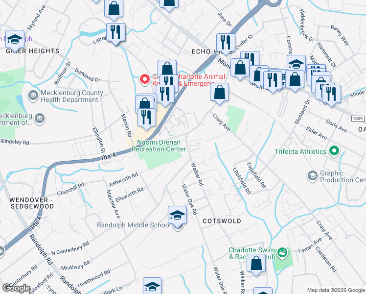 map of restaurants, bars, coffee shops, grocery stores, and more near 919 McAlway Road in Charlotte
