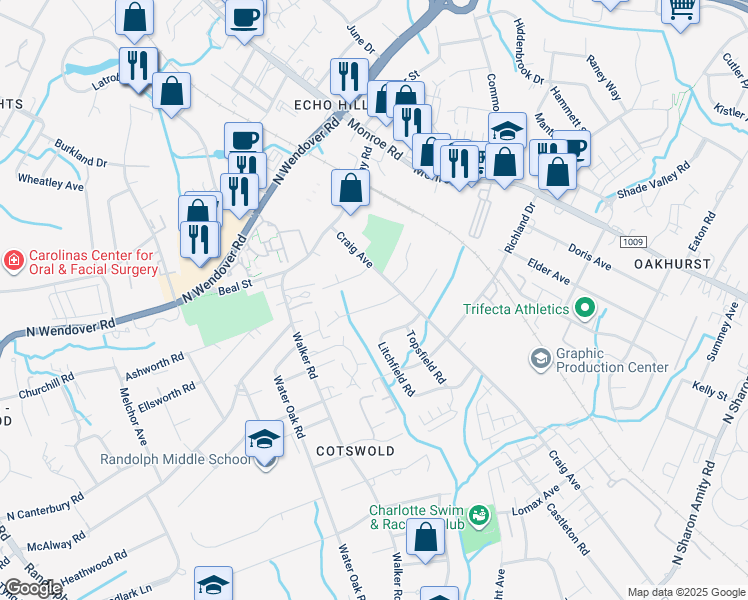 map of restaurants, bars, coffee shops, grocery stores, and more near 1115 Nancy Drive in Charlotte