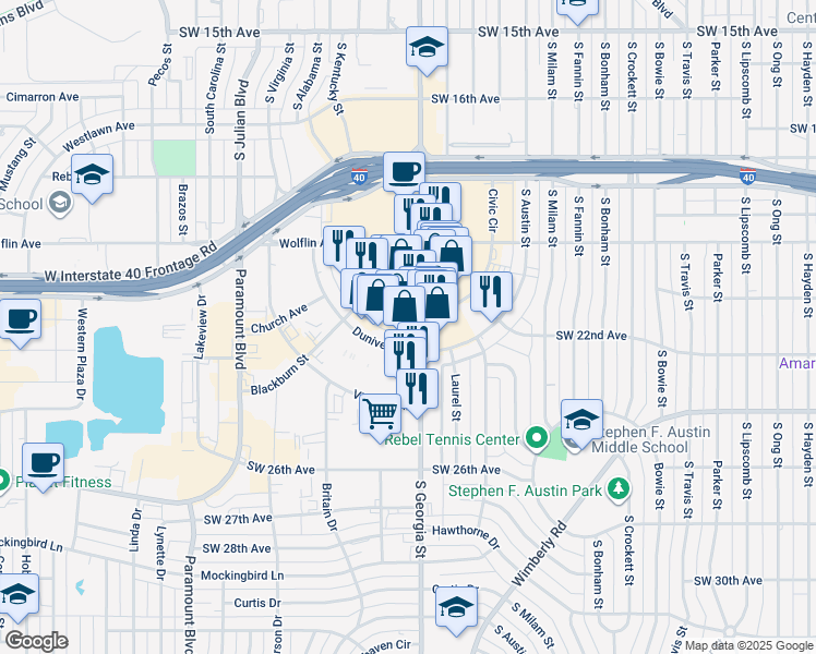 map of restaurants, bars, coffee shops, grocery stores, and more near 2323 South Georgia Street in Amarillo