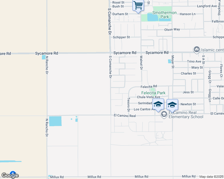 map of restaurants, bars, coffee shops, grocery stores, and more near 1417 Miranda Place in Arvin