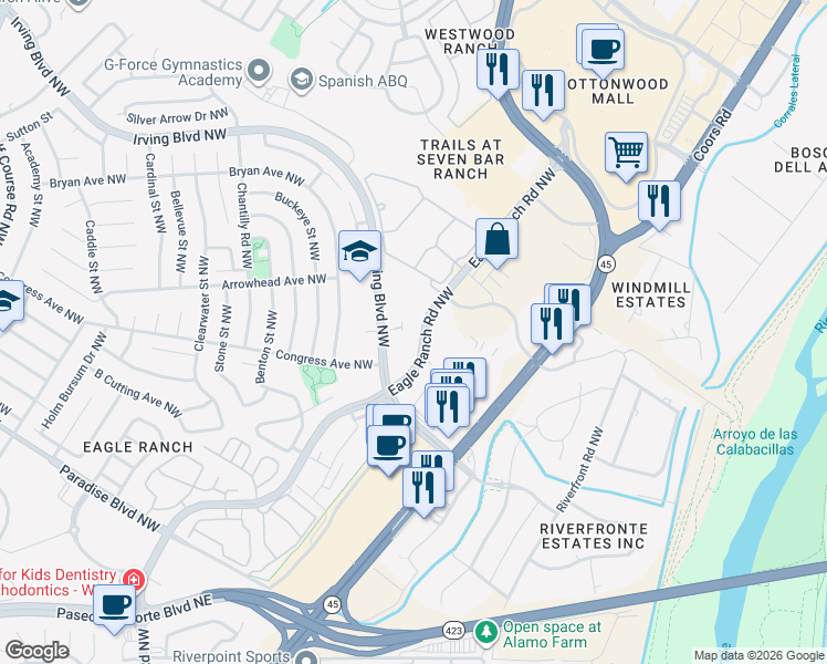 map of restaurants, bars, coffee shops, grocery stores, and more near 99999 Eagle Ranch Road in Albuquerque