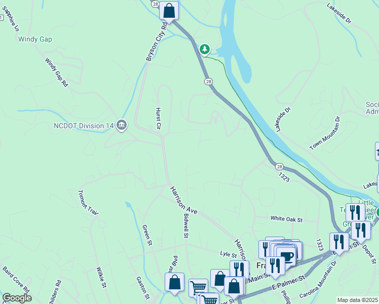 map of restaurants, bars, coffee shops, grocery stores, and more near Mashburn Street in Franklin