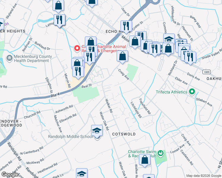 map of restaurants, bars, coffee shops, grocery stores, and more near 912 McAlway Road in Charlotte