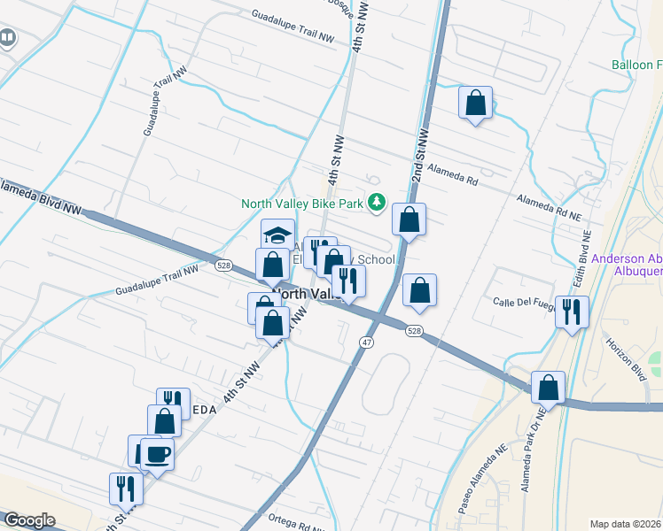 map of restaurants, bars, coffee shops, grocery stores, and more near 9616 4th Street Northwest in Albuquerque