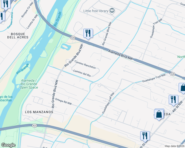 map of restaurants, bars, coffee shops, grocery stores, and more near 927 Camino del Rio in Albuquerque