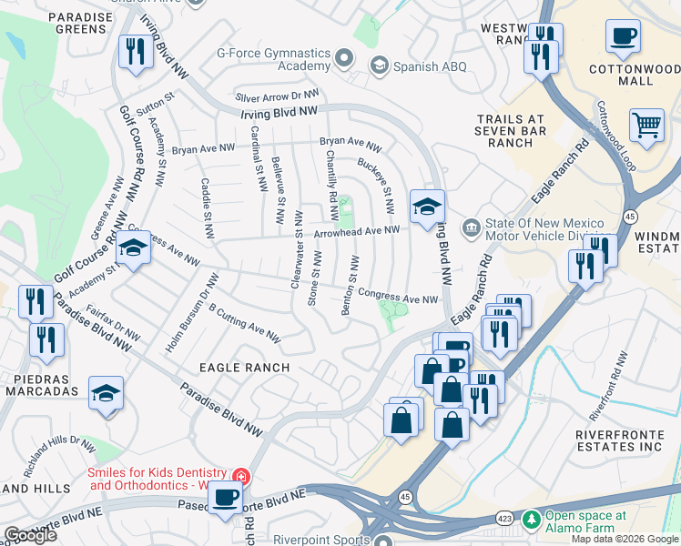 map of restaurants, bars, coffee shops, grocery stores, and more near 9801 Chantilly Road Northwest in Albuquerque