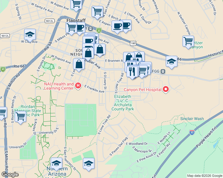 map of restaurants, bars, coffee shops, grocery stores, and more near 510 East Franklin Avenue in Flagstaff