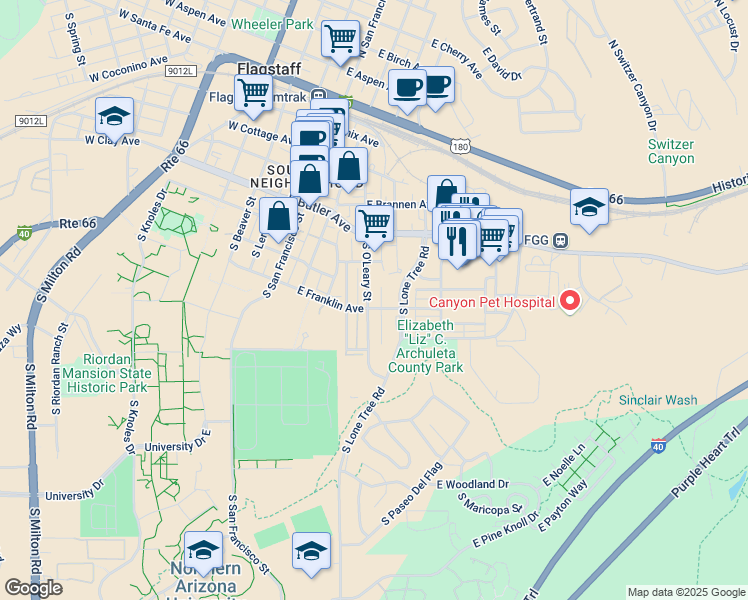 map of restaurants, bars, coffee shops, grocery stores, and more near 510 East Franklin Avenue in Flagstaff