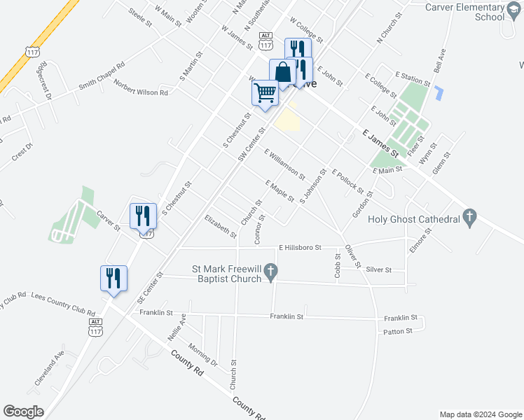 map of restaurants, bars, coffee shops, grocery stores, and more near State Road 1500 in Mount Olive