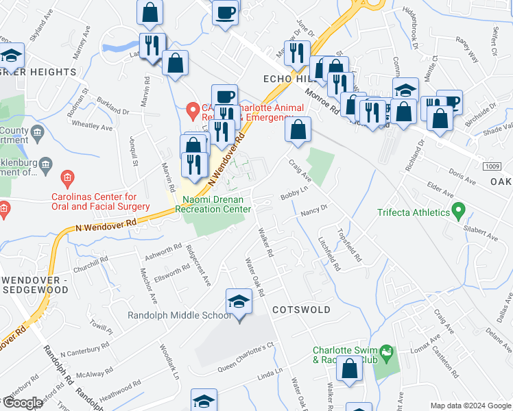 map of restaurants, bars, coffee shops, grocery stores, and more near 912 McAlway Road in Charlotte
