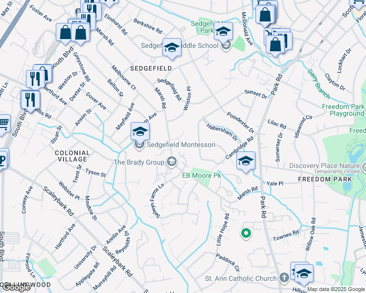 map of restaurants, bars, coffee shops, grocery stores, and more near 3111 Selwyn Farms Lane in Charlotte