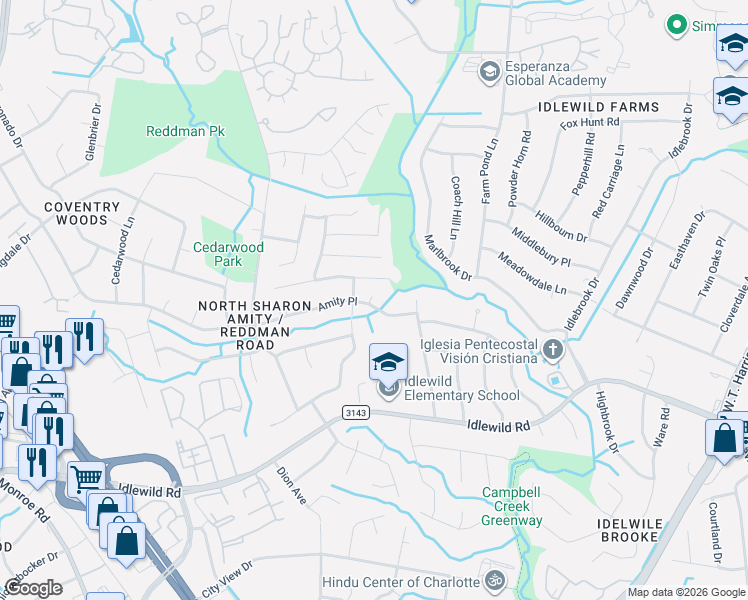 map of restaurants, bars, coffee shops, grocery stores, and more near 6017 Amity Place in Charlotte