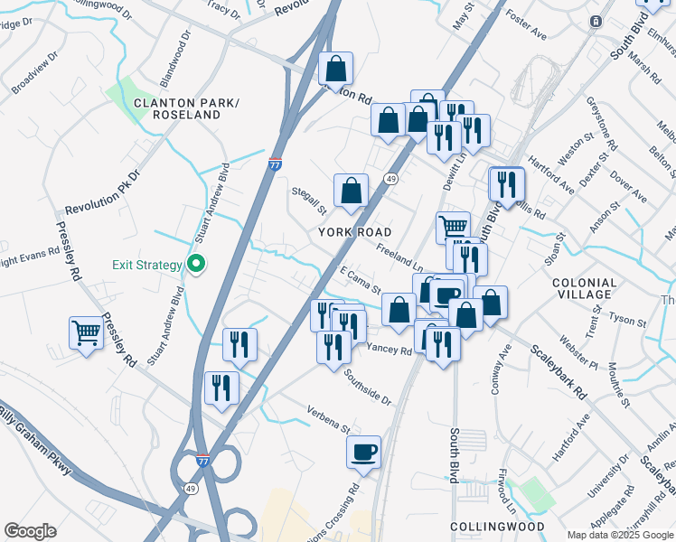 map of restaurants, bars, coffee shops, grocery stores, and more near 4117 South Tryon Street in Charlotte