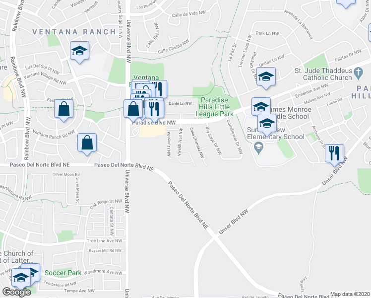 map of restaurants, bars, coffee shops, grocery stores, and more near 9624 Adina Lane Northwest in Albuquerque