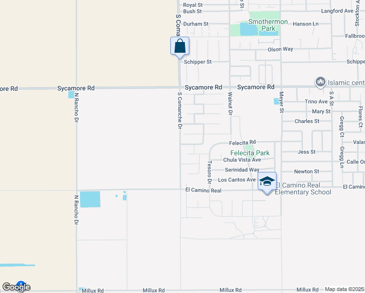 map of restaurants, bars, coffee shops, grocery stores, and more near 1417 Miranda Place in Arvin