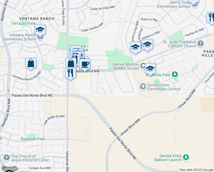 map of restaurants, bars, coffee shops, grocery stores, and more near 9604 Adina Lane Northwest in Albuquerque