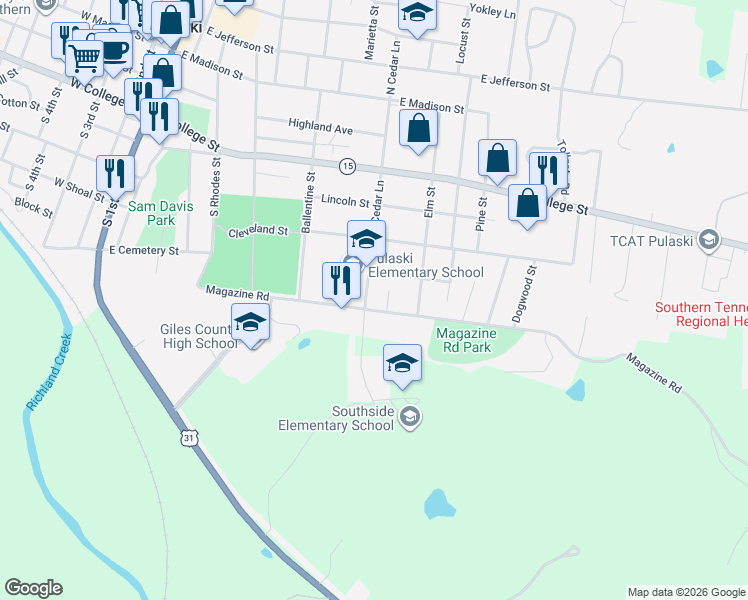 map of restaurants, bars, coffee shops, grocery stores, and more near 631 South Cedar Lane in Pulaski