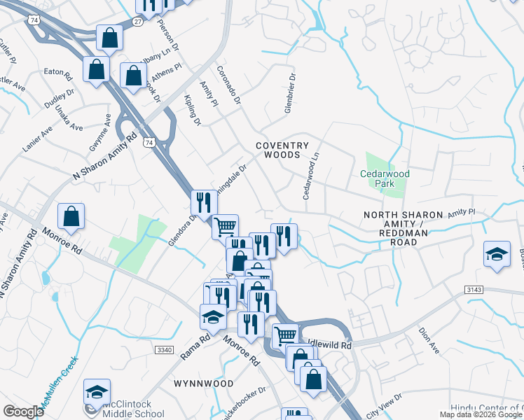 map of restaurants, bars, coffee shops, grocery stores, and more near 4770 Old Lantern Way in Charlotte