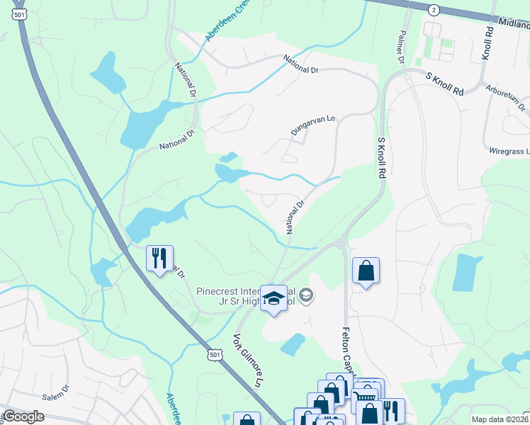 map of restaurants, bars, coffee shops, grocery stores, and more near 18 Fortrose Circle in Pinehurst