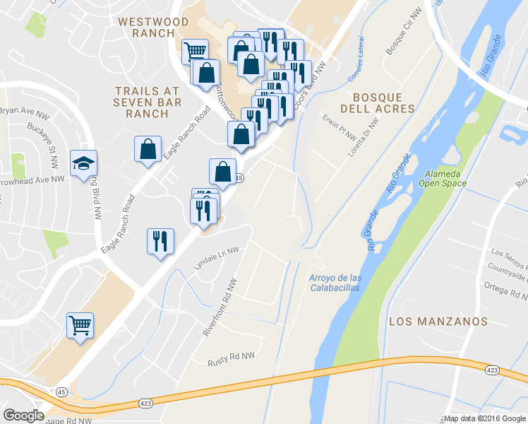 map of restaurants, bars, coffee shops, grocery stores, and more near 9826 Coors Boulevard Northwest in Albuquerque