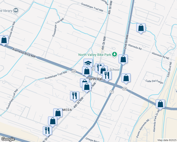 map of restaurants, bars, coffee shops, grocery stores, and more near 412 Alameda Boulevard Northwest in Albuquerque