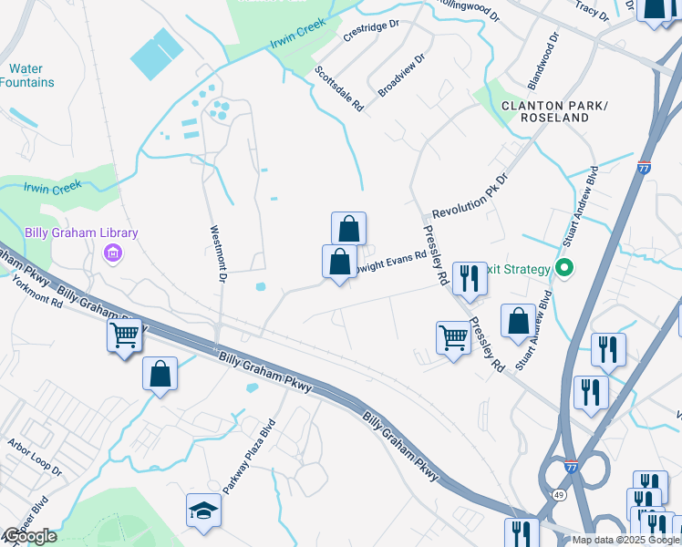 map of restaurants, bars, coffee shops, grocery stores, and more near Dwight Evans Road in Charlotte