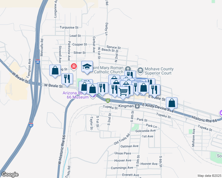 map of restaurants, bars, coffee shops, grocery stores, and more near 133 East Beale Street in Kingman