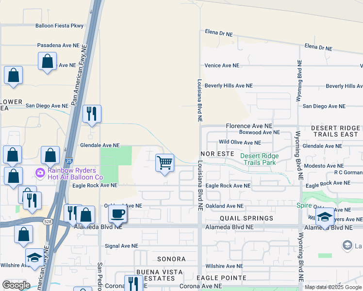 map of restaurants, bars, coffee shops, grocery stores, and more near 9200 Louisiana Boulevard Northeast in Albuquerque