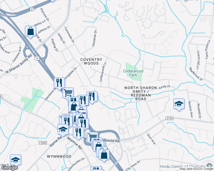 map of restaurants, bars, coffee shops, grocery stores, and more near 5410 Amity Place in Charlotte