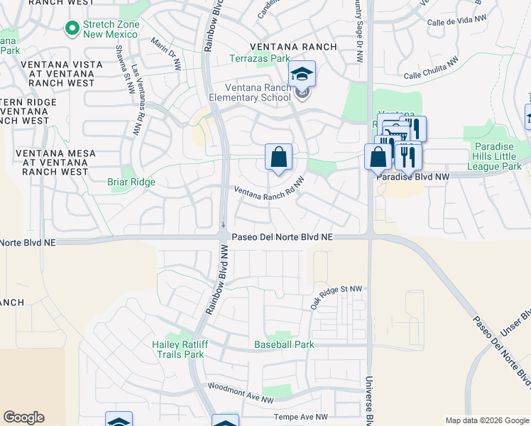 map of restaurants, bars, coffee shops, grocery stores, and more near 7001 Sendero Road Northwest in Albuquerque