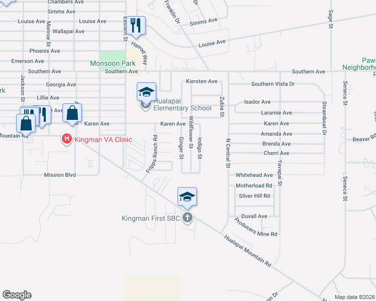 map of restaurants, bars, coffee shops, grocery stores, and more near 2295 Wildflower Street in Kingman