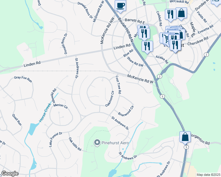 map of restaurants, bars, coffee shops, grocery stores, and more near 35 Oakmont Circle in Pinehurst
