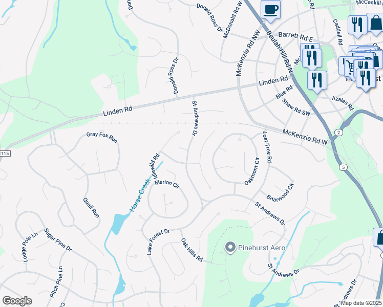 map of restaurants, bars, coffee shops, grocery stores, and more near 106 Saint Andrews Drive in Pinehurst
