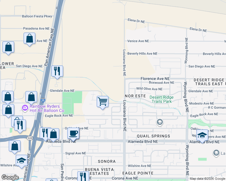 map of restaurants, bars, coffee shops, grocery stores, and more near 9200 Louisiana Boulevard Northeast in Albuquerque