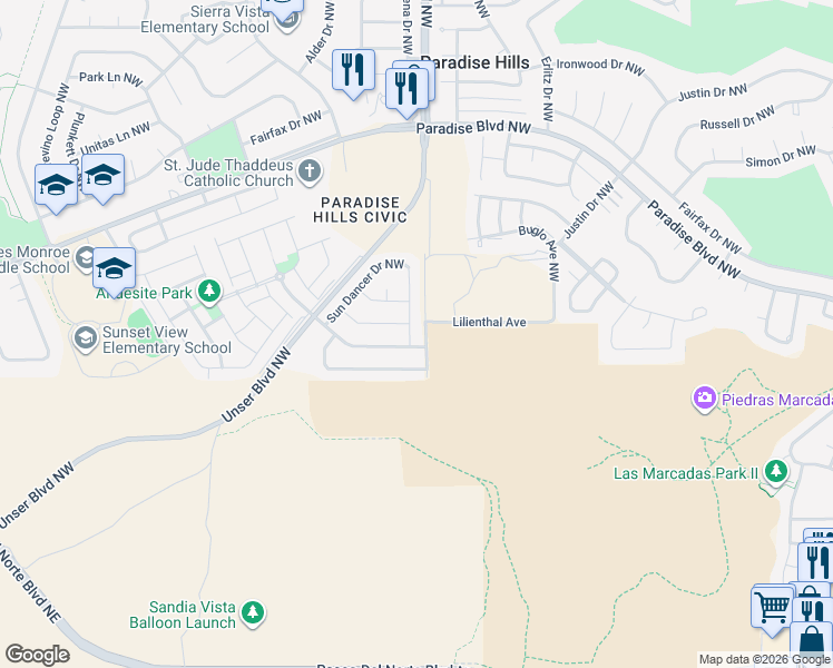 map of restaurants, bars, coffee shops, grocery stores, and more near 5601 Blue Feather Avenue Northwest in Albuquerque