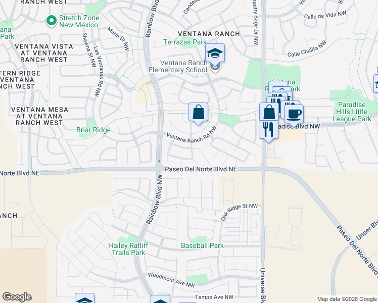 map of restaurants, bars, coffee shops, grocery stores, and more near 7001 Sendero Road Northwest in Albuquerque