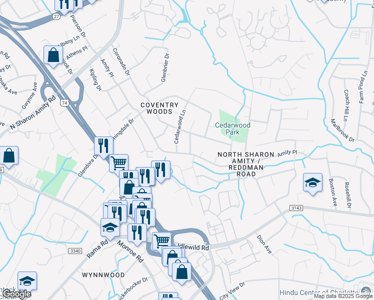 map of restaurants, bars, coffee shops, grocery stores, and more near 5410 Amity Place in Charlotte
