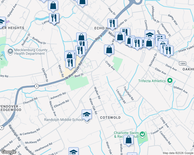 map of restaurants, bars, coffee shops, grocery stores, and more near in Charlotte