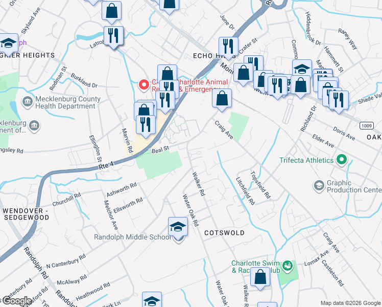 map of restaurants, bars, coffee shops, grocery stores, and more near 912 McAlway Road in Charlotte