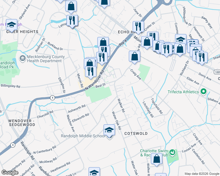 map of restaurants, bars, coffee shops, grocery stores, and more near in Charlotte