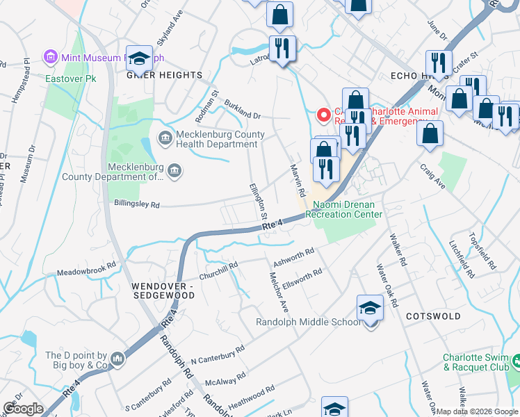 map of restaurants, bars, coffee shops, grocery stores, and more near in Charlotte