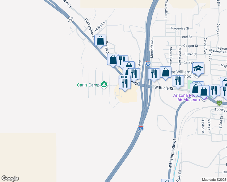 map of restaurants, bars, coffee shops, grocery stores, and more near Unnamed Road in Kingman